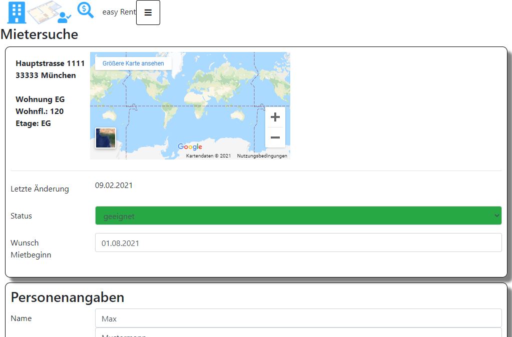 Mietersuche Mietinteressent Status und Personenangaben