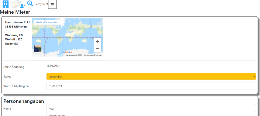 Meine Mieter Status, Mietbeginn, Personeneingaben, Mieterdaten