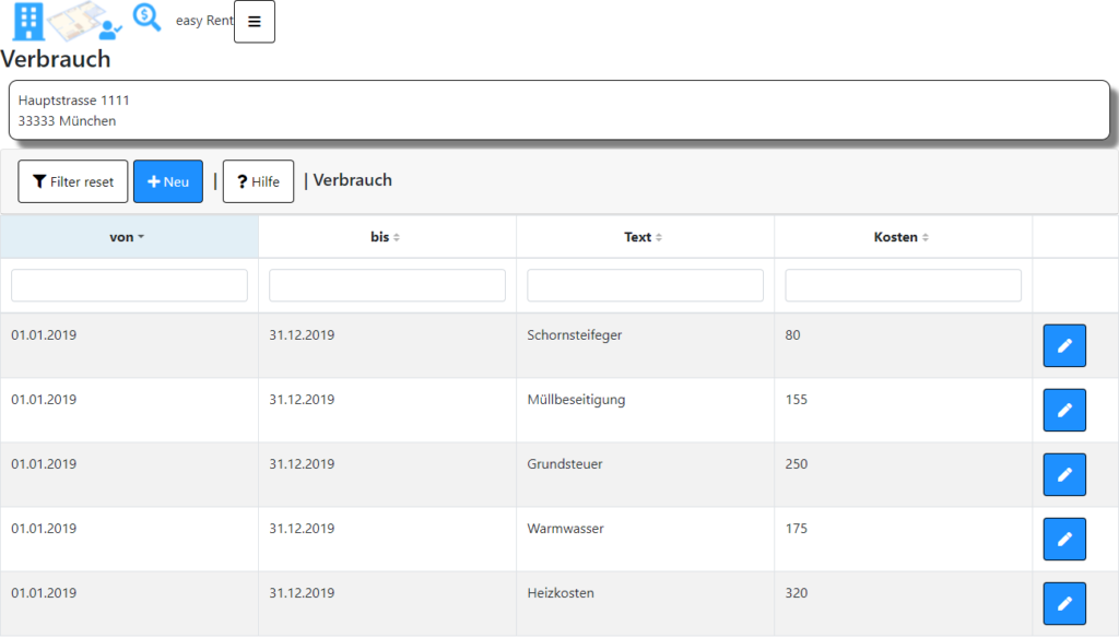 Liste der gespeicherten Verbrauchskosten