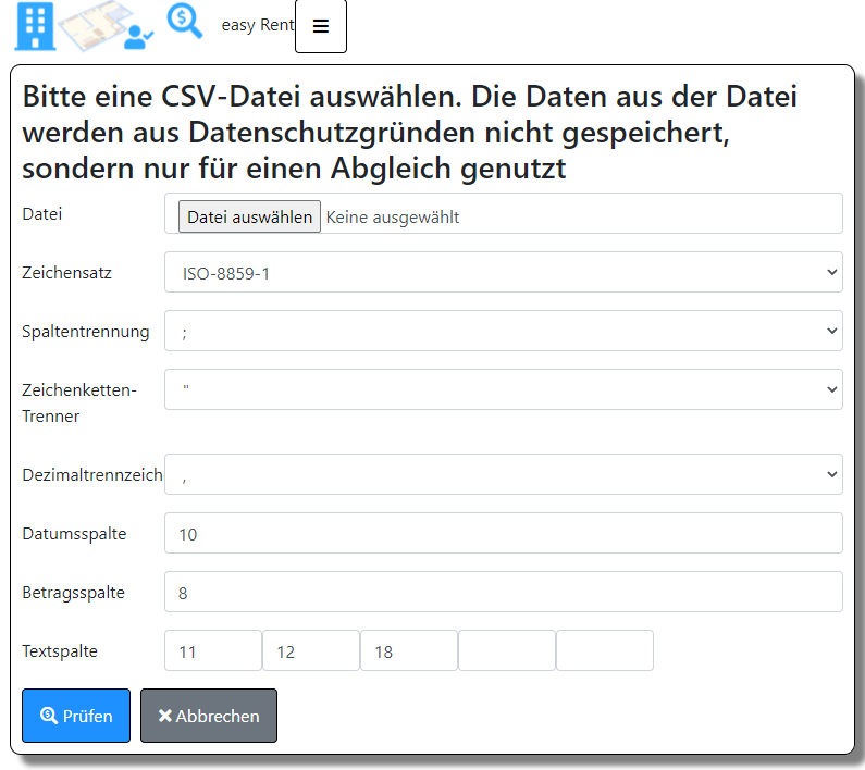 Mietzahlungen CSV Datei Import Einstellungen der Spalten