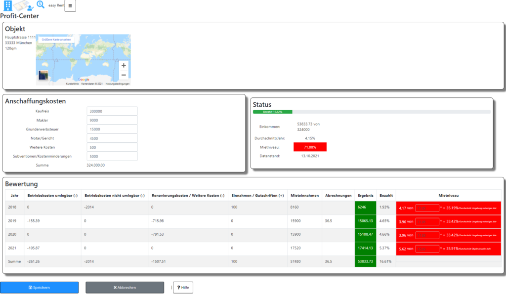 Meine Immobilien und Mieteinheiten Profitcenter - Anzeige der Rendite, Kosten, Mieteinnahmen und Abrechnungskosten sowie des Mietniveaus