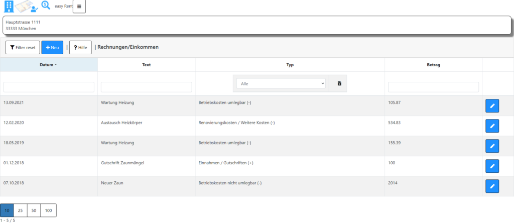Liste der Rechnungen und Gutschriften für Immobilien und Mieteinheiten