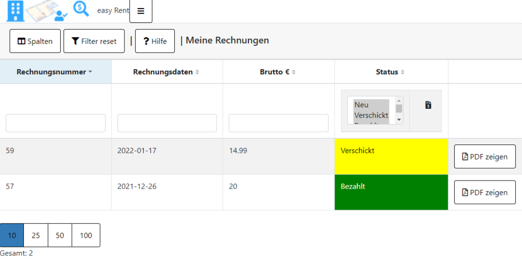 Mein Eigentum Rechnungen/Kosten/Gutschriften Liste