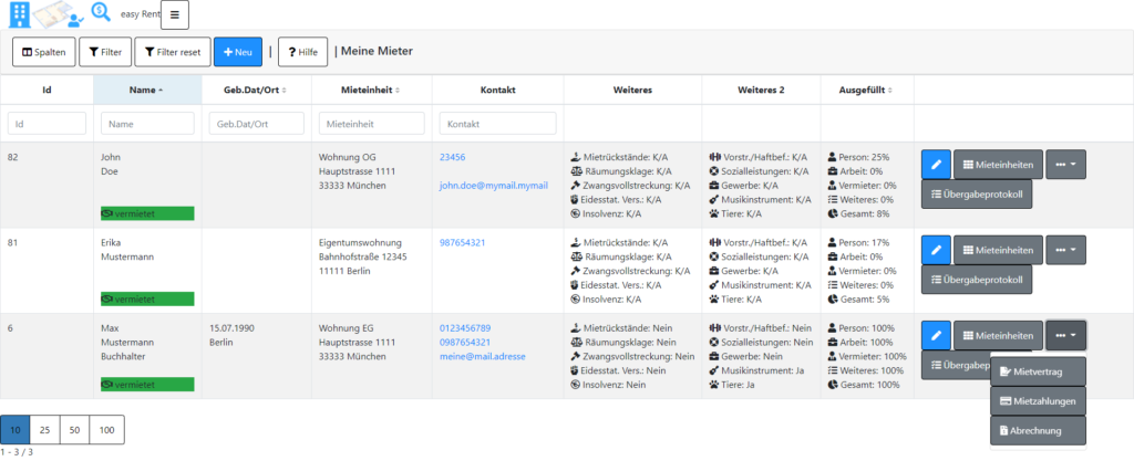 Liste Übersicht meine Mieter