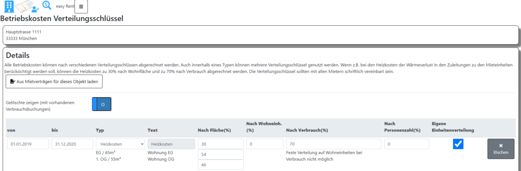 Betriebskosten/Nebenkosten Verteilungsschlüssel für Immobilie und Mieteinheiten anlegen